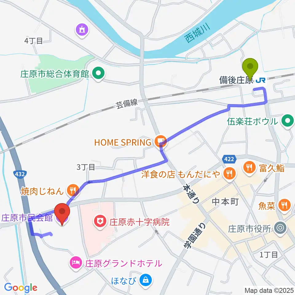 庄原市民会館の最寄駅備後庄原駅からの徒歩ルート（約13分）地図