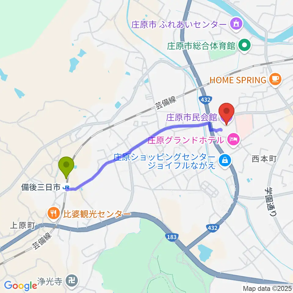 備後三日市駅から庄原市民会館へのルートマップ地図