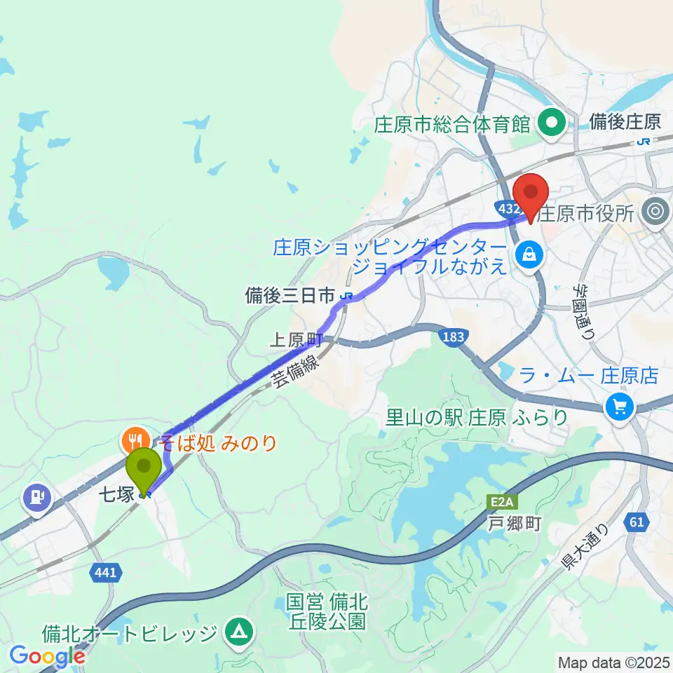 七塚駅から庄原市民会館へのルートマップ地図