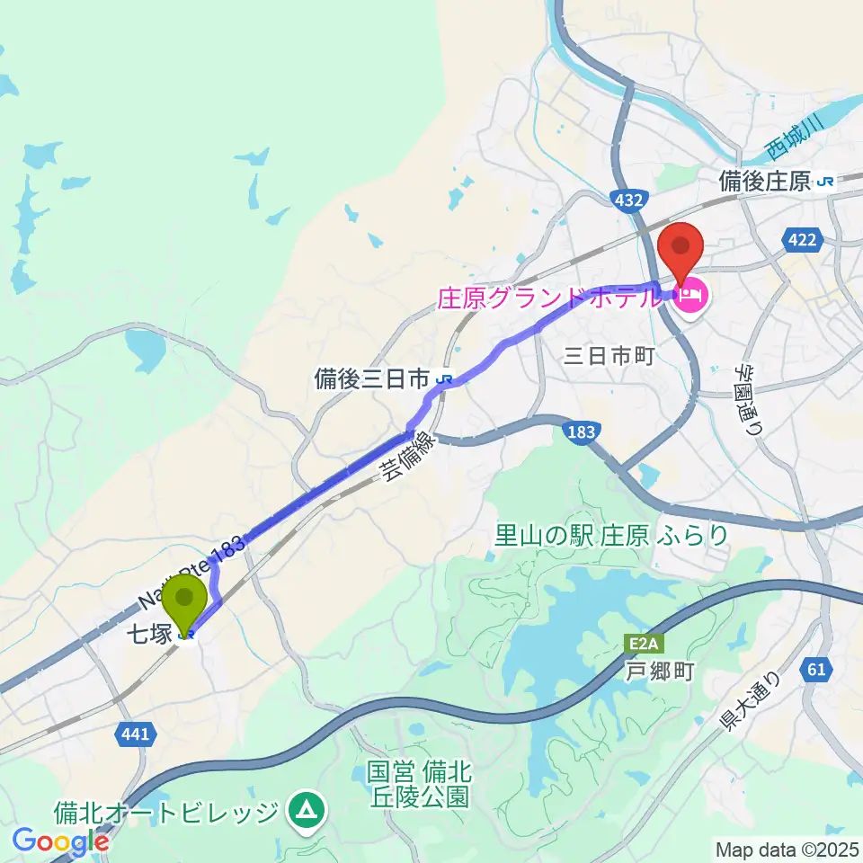 七塚駅から庄原市民会館へのルートマップ地図