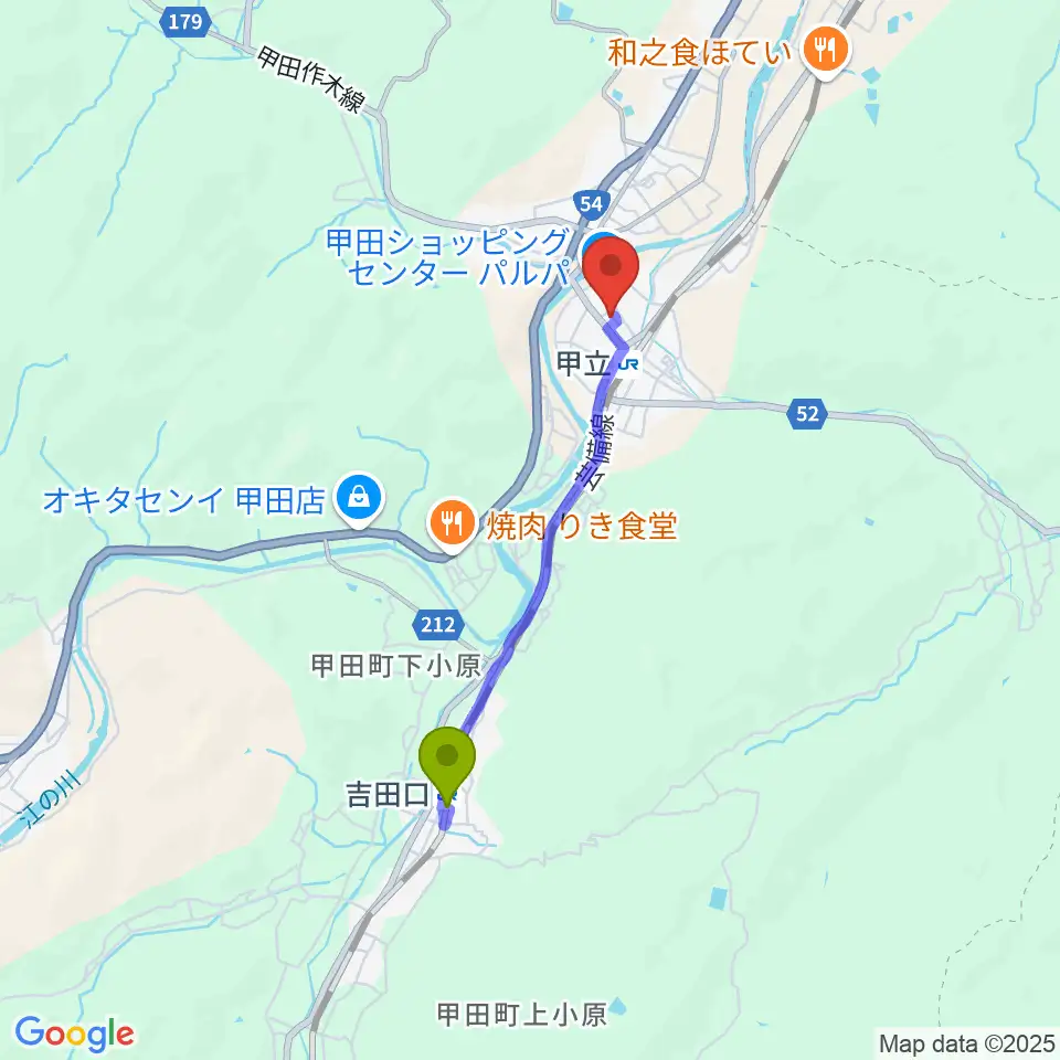 吉田口駅から甲田文化センター ミューズへのルートマップ地図