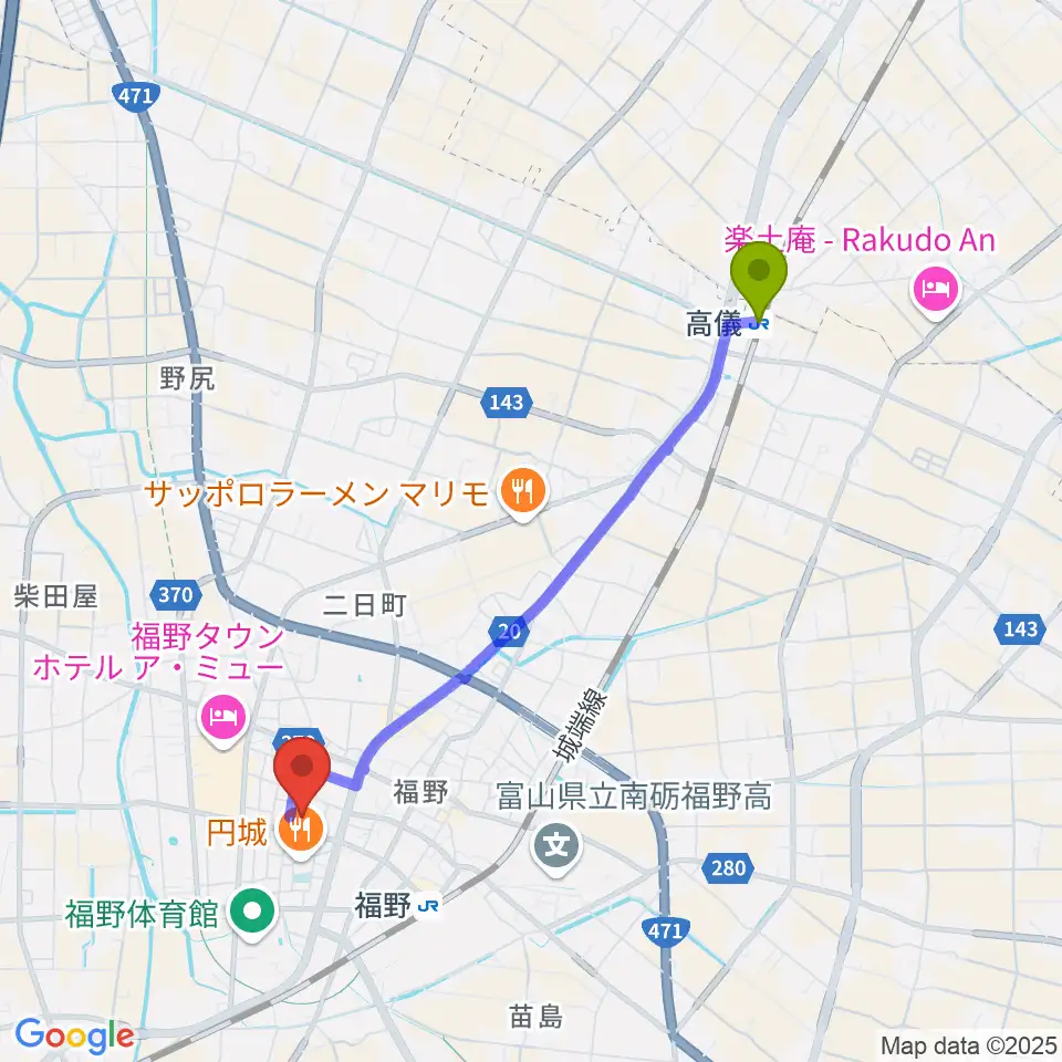 高儀駅から福野文化創造センター ヘリオスへのルートマップ地図