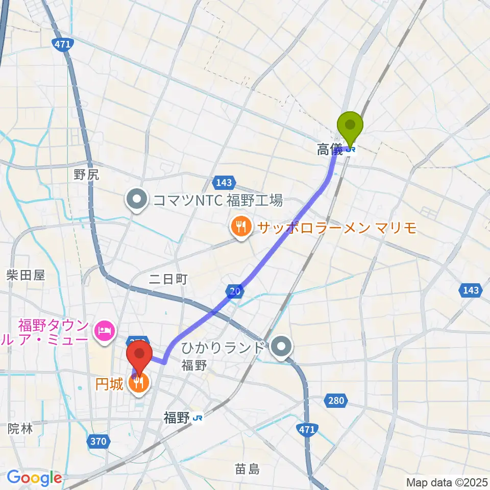 高儀駅からなんとエナジー文化創造センターヘリオスへのルートマップ地図