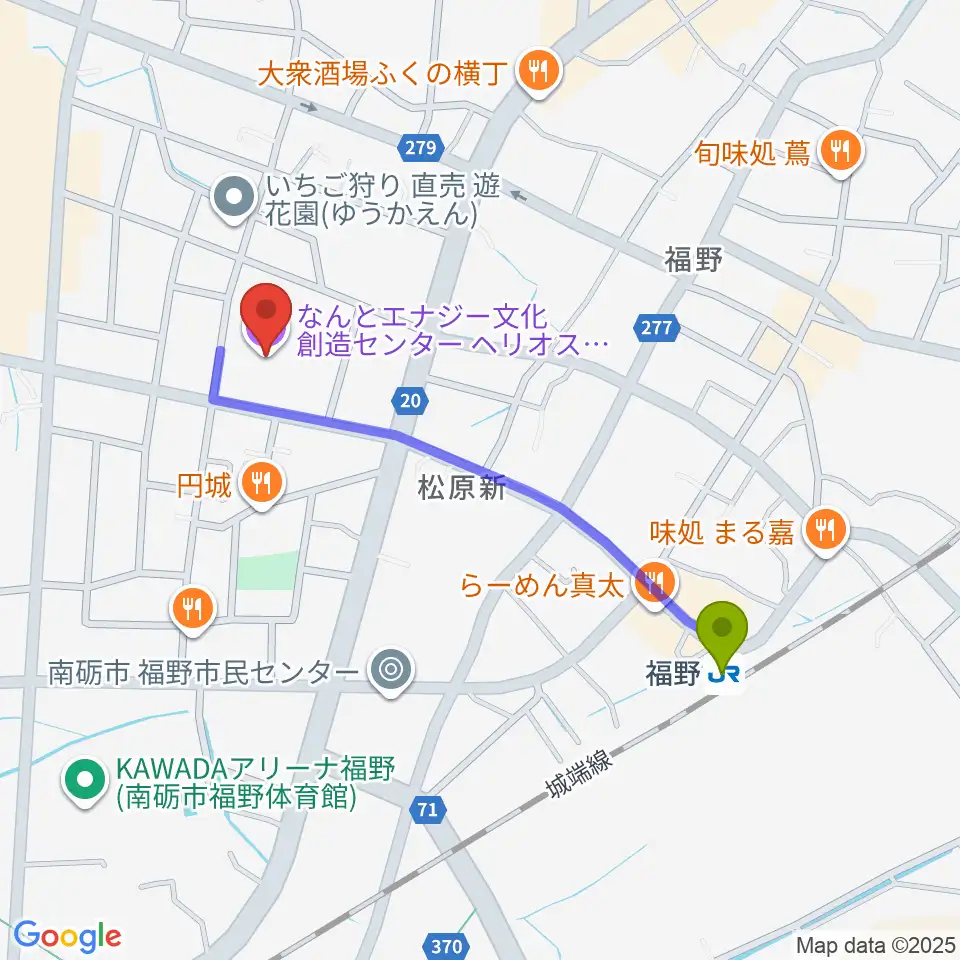 なんとエナジー文化創造センターヘリオスの最寄駅福野駅からの徒歩ルート（約9分）地図