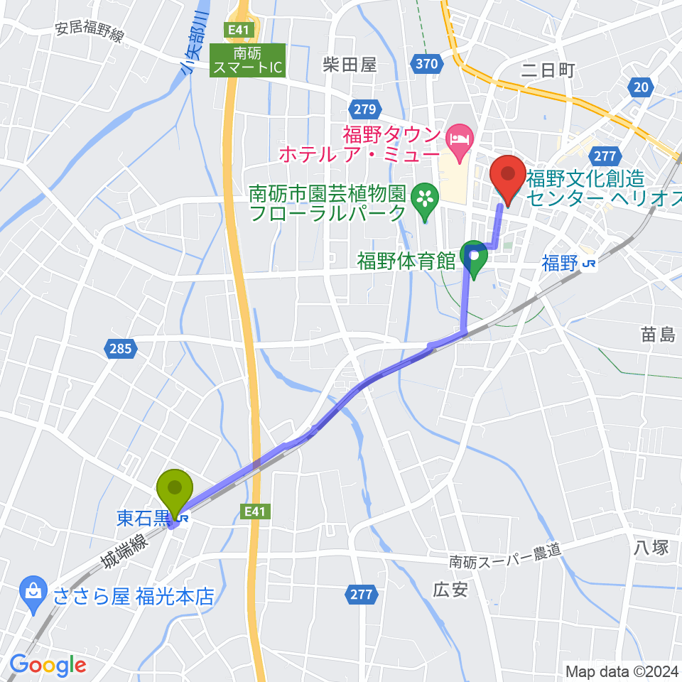 東石黒駅から福野文化創造センター ヘリオスへのルートマップ地図