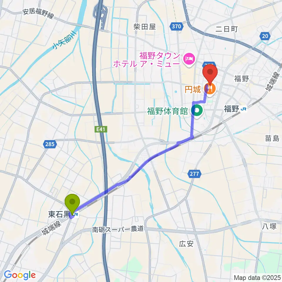 東石黒駅から福野文化創造センター ヘリオスへのルートマップ地図