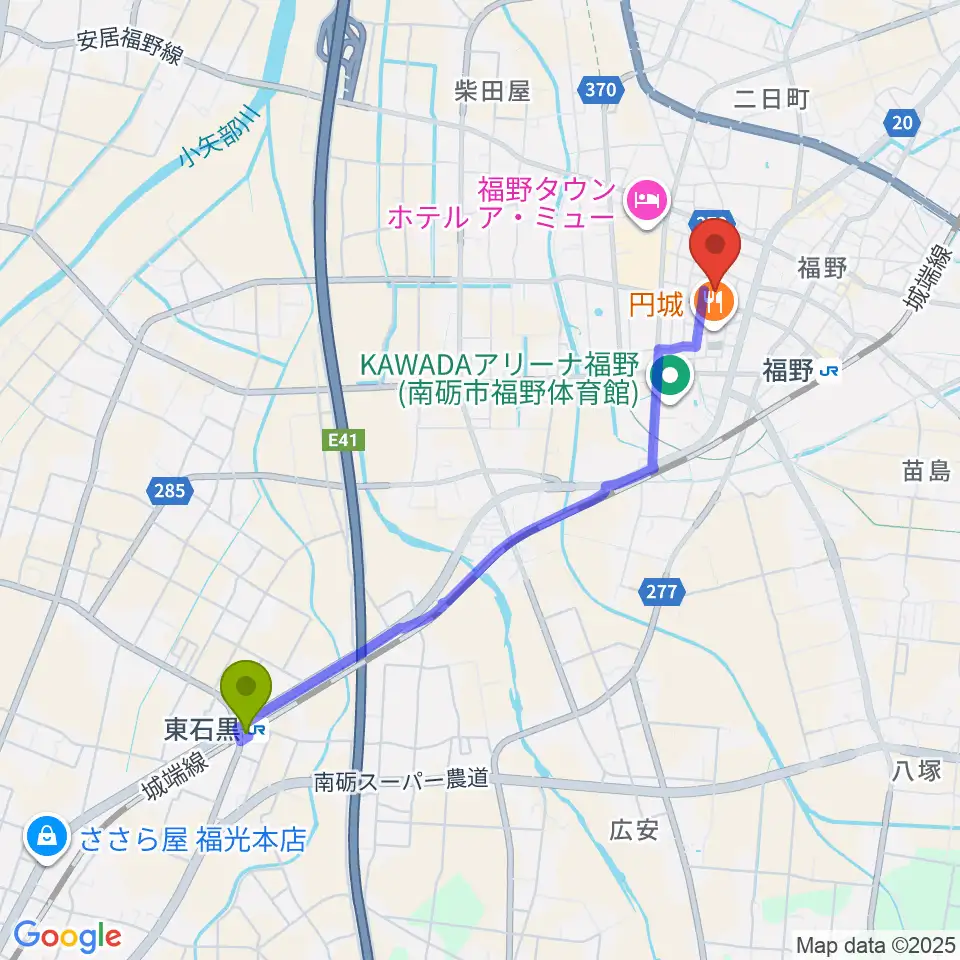 東石黒駅からなんとエナジー文化創造センターヘリオスへのルートマップ地図