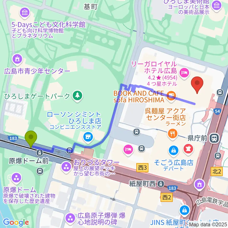 原爆ドーム前駅からNTTクレドホールへのルートマップ地図