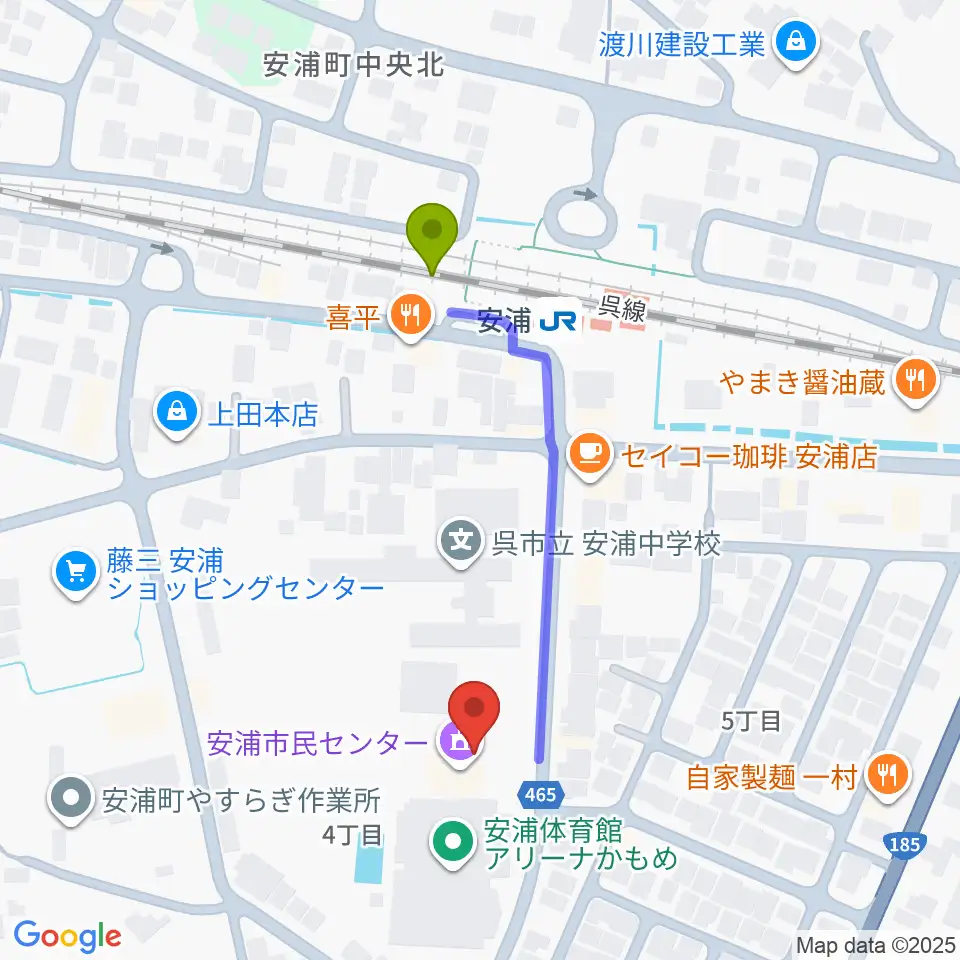 安浦まちづくりセンターの最寄駅安浦駅からの徒歩ルート（約4分）地図
