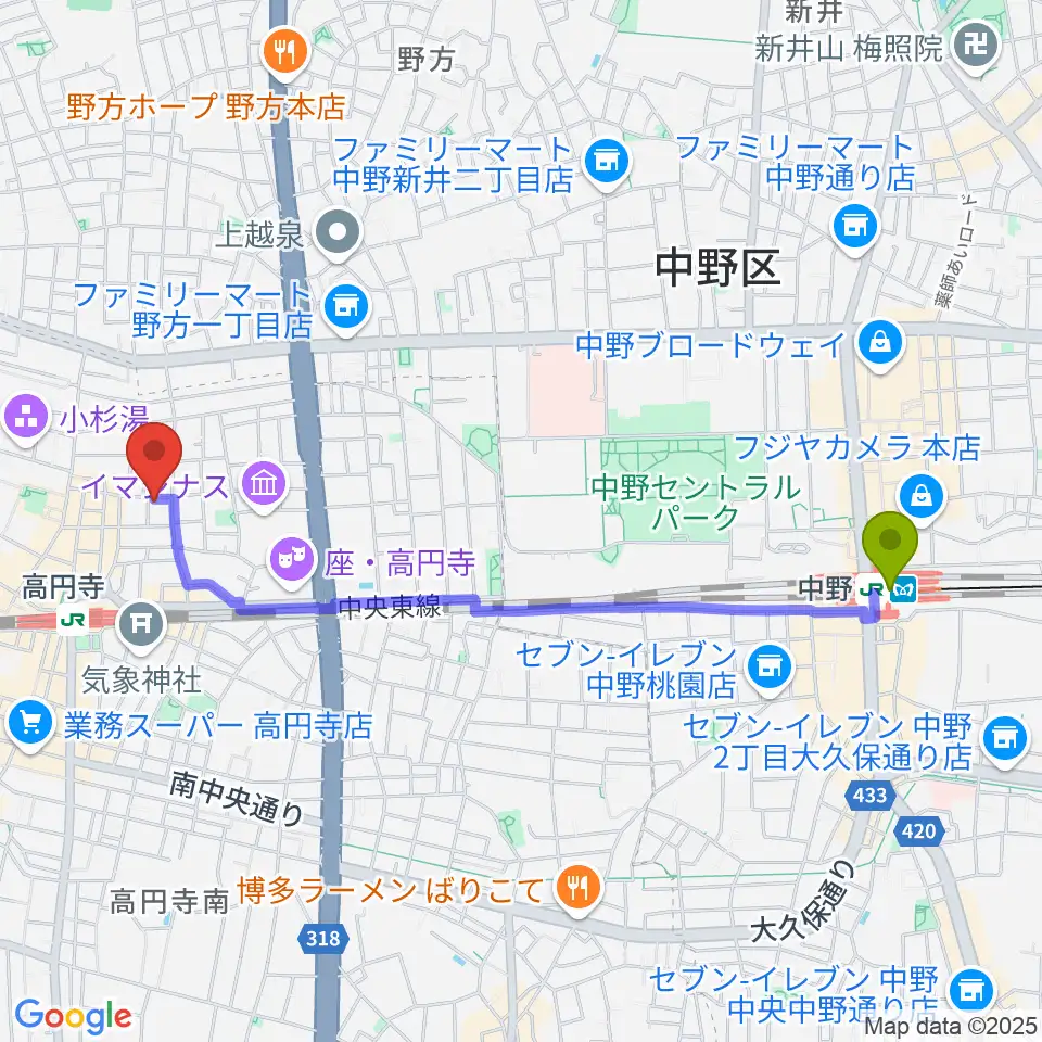 中野駅から高円寺スタジオ・コヤーマへのルートマップ地図