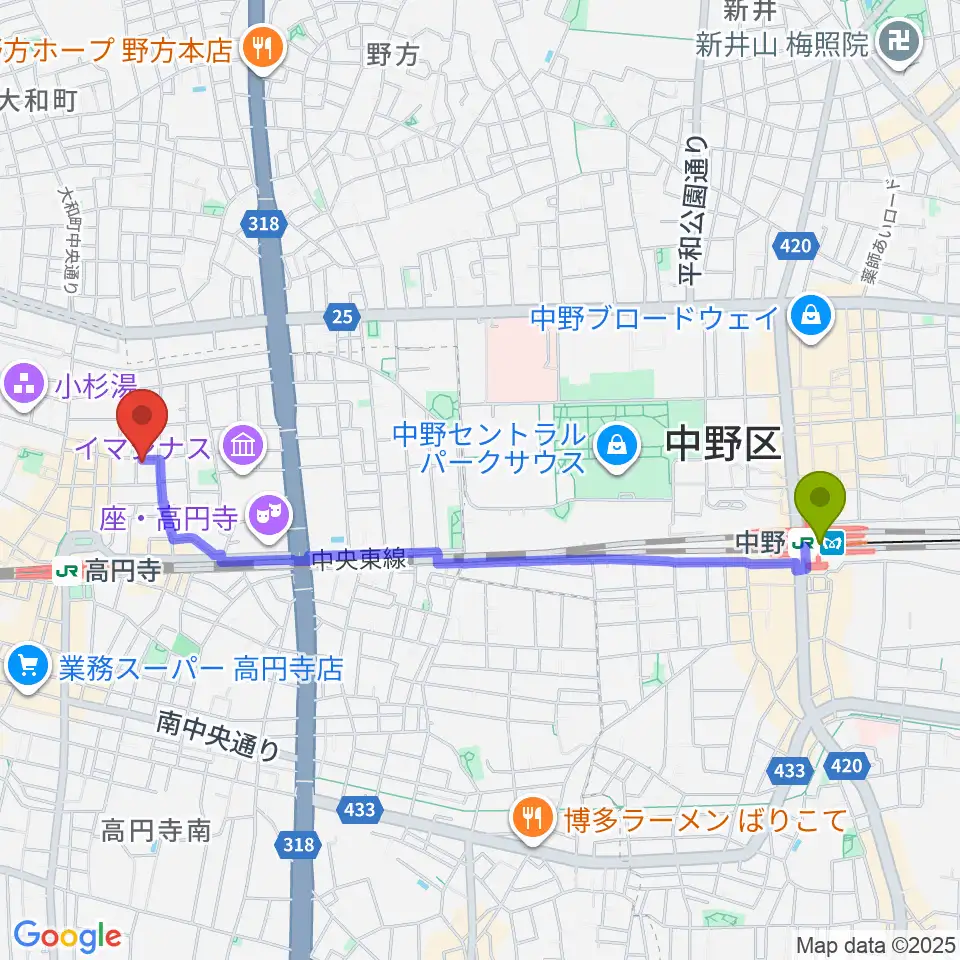 中野駅から高円寺スタジオ・コヤーマへのルートマップ地図