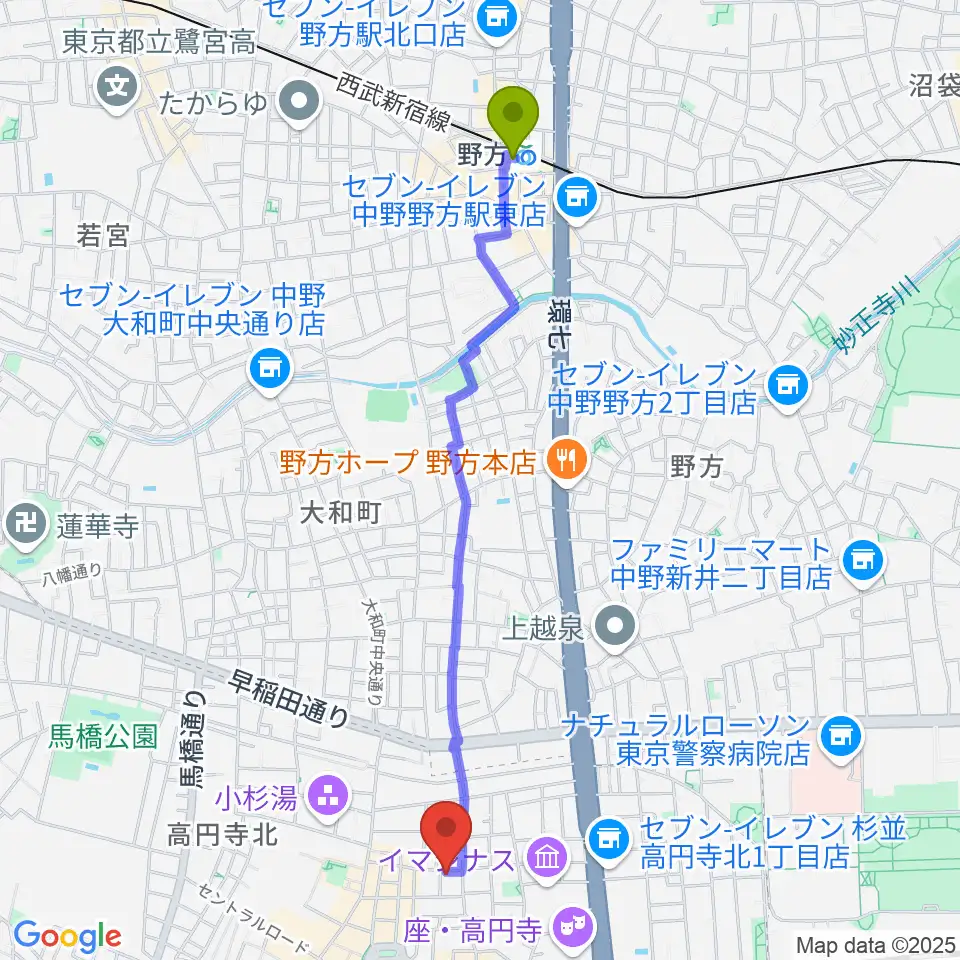 野方駅から高円寺スタジオ・コヤーマへのルートマップ地図