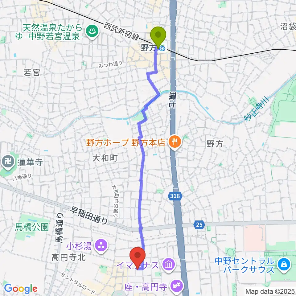 野方駅から高円寺スタジオ・コヤーマへのルートマップ地図