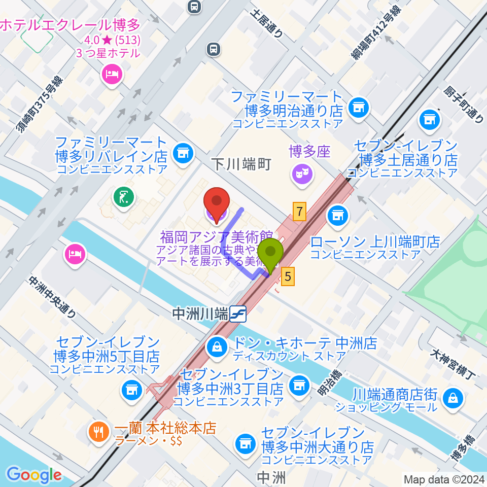 福岡アジア美術館の最寄駅中洲川端駅からの徒歩ルート（約1分）地図