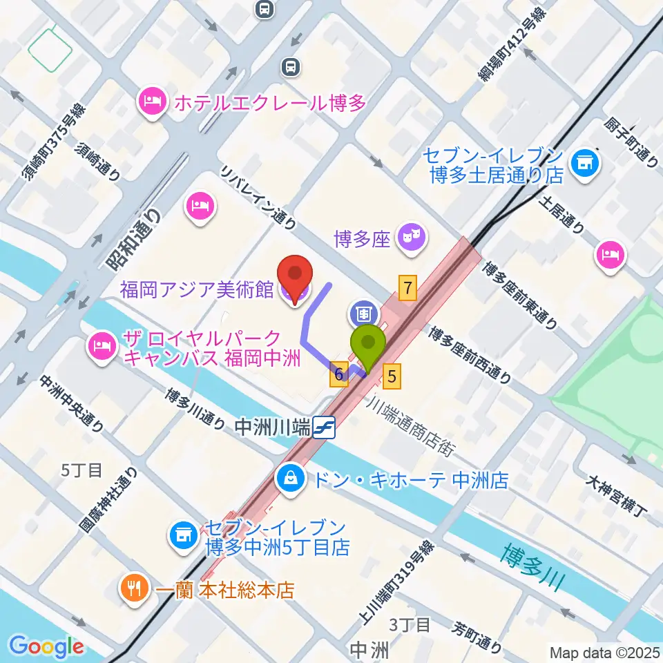 福岡アジア美術館の最寄駅中洲川端駅からの徒歩ルート（約1分）地図