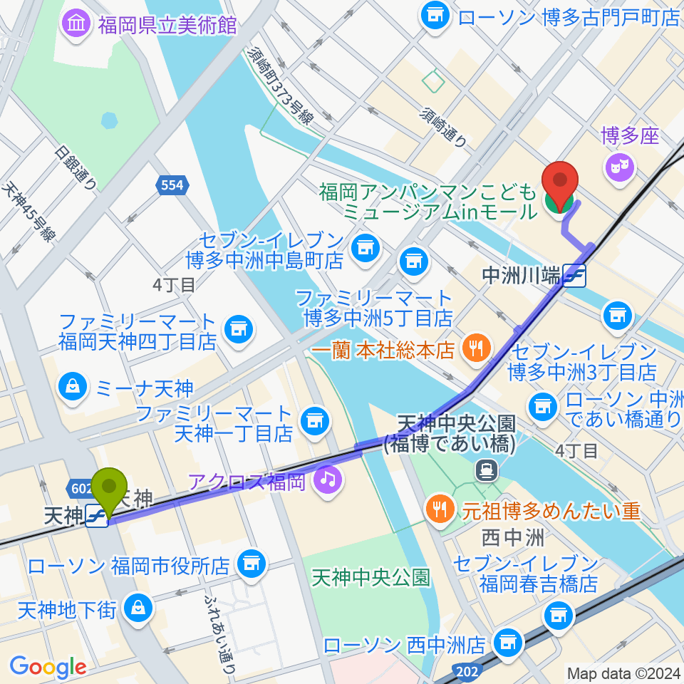 天神駅から福岡アジア美術館へのルートマップ地図