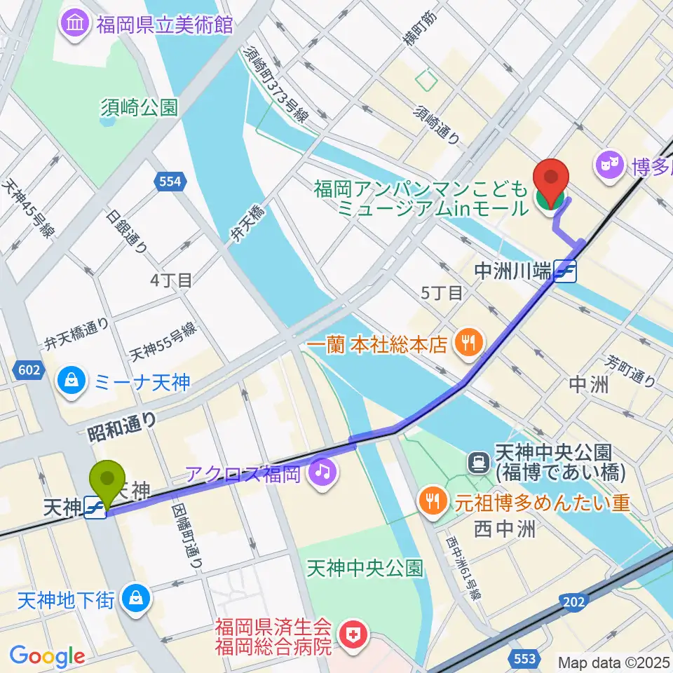 天神駅から福岡アジア美術館へのルートマップ地図