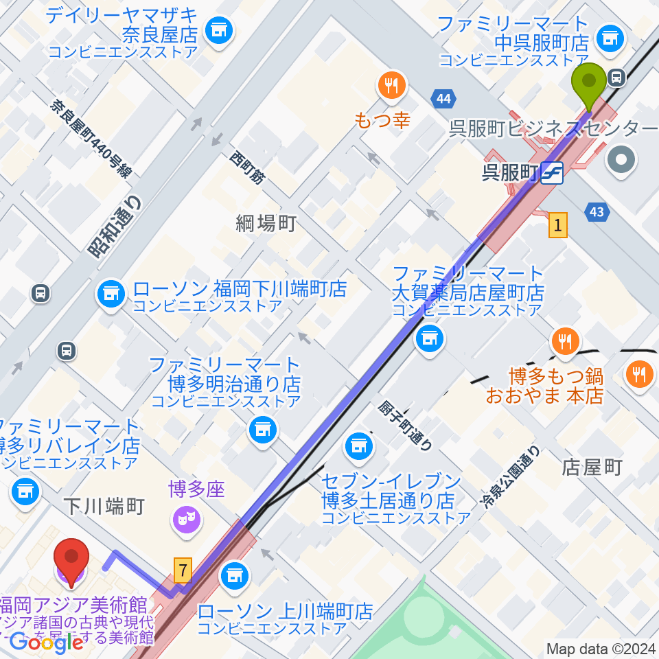 呉服町駅から福岡アジア美術館へのルートマップ地図