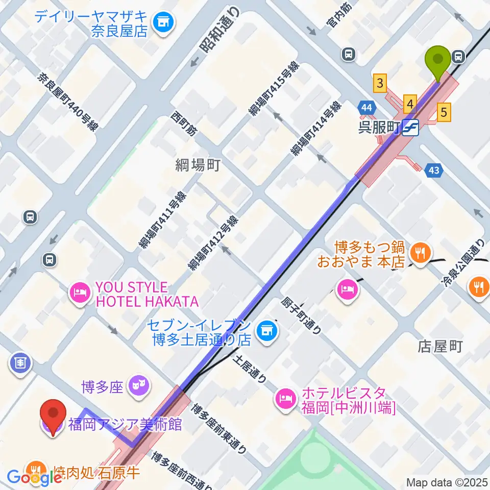 呉服町駅から福岡アジア美術館へのルートマップ地図