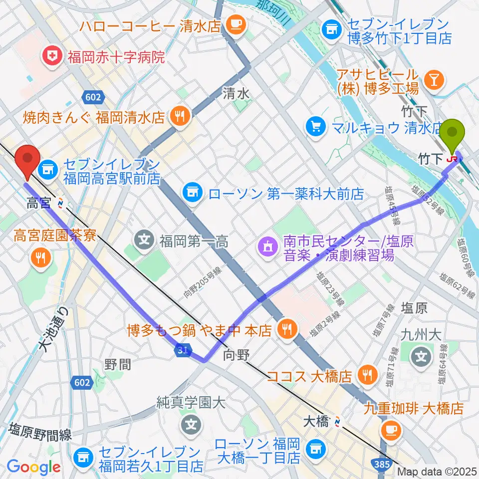 竹下駅から福岡市男女共同参画推進センター・アミカスへのルートマップ地図