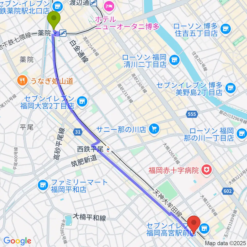 薬院駅から福岡市男女共同参画推進センター・アミカスへのルートマップ地図