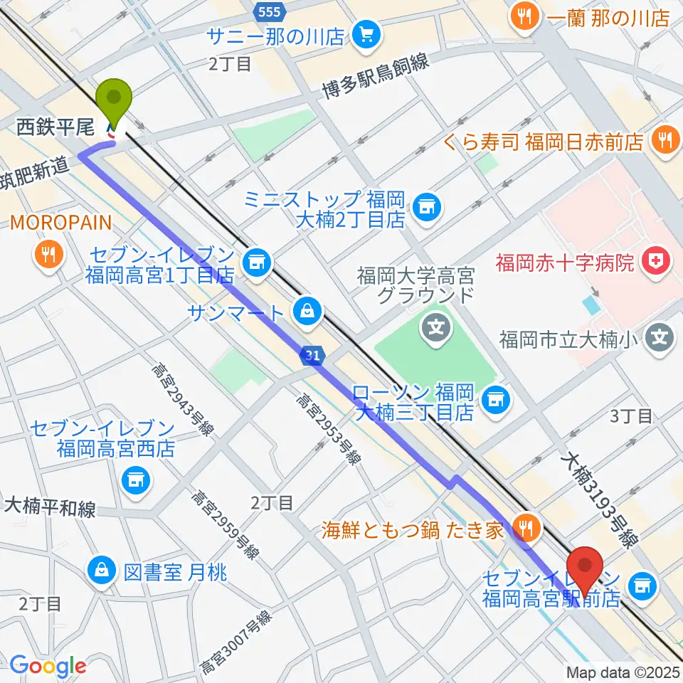 西鉄平尾駅から福岡市男女共同参画推進センター・アミカスへのルートマップ地図