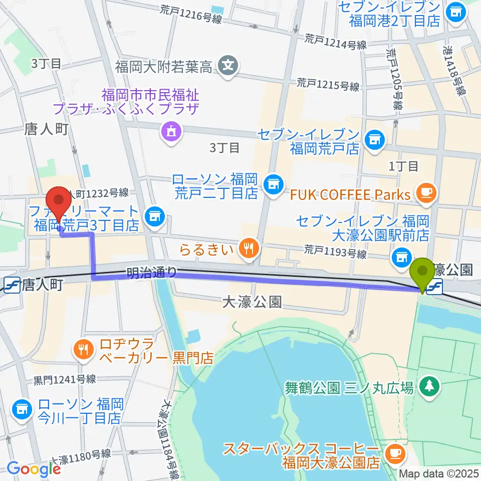 大濠公園駅から甘棠館Show劇場へのルートマップ地図