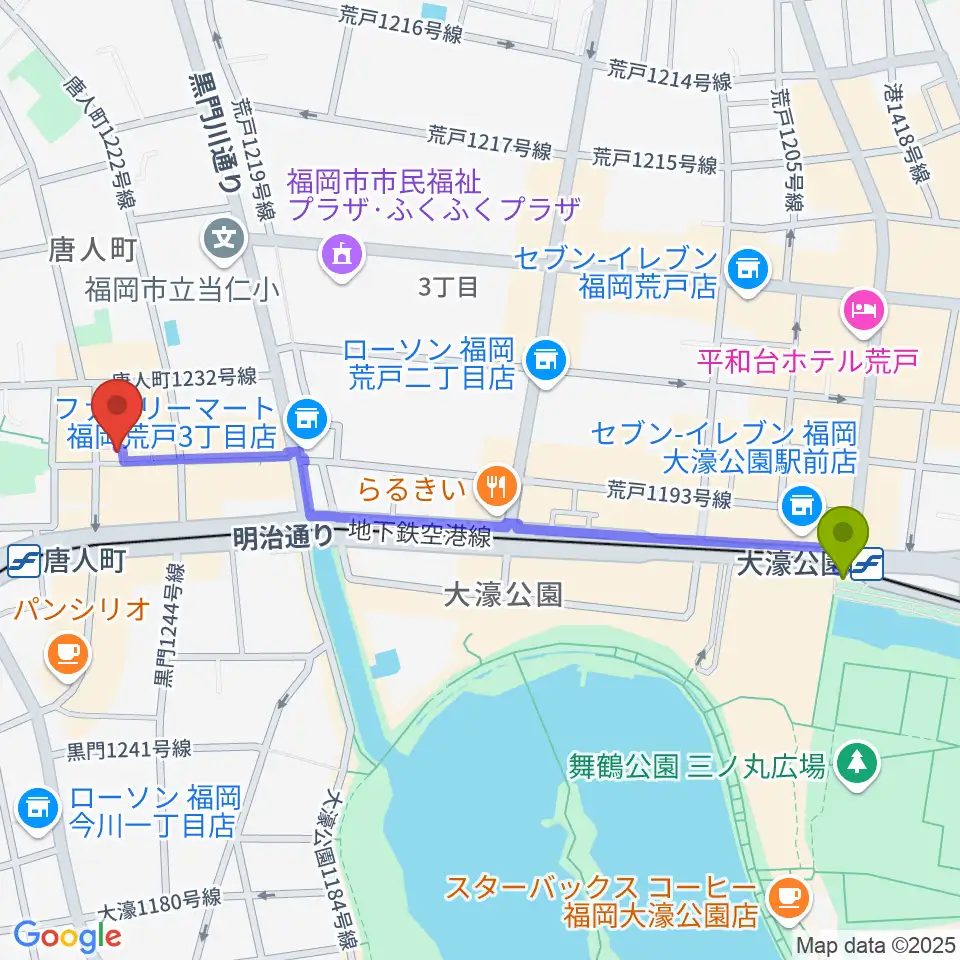 大濠公園駅から甘棠館Show劇場へのルートマップ地図