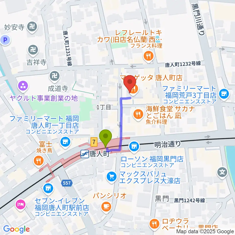 甘棠館Show劇場の最寄駅唐人町駅からの徒歩ルート（約2分）地図