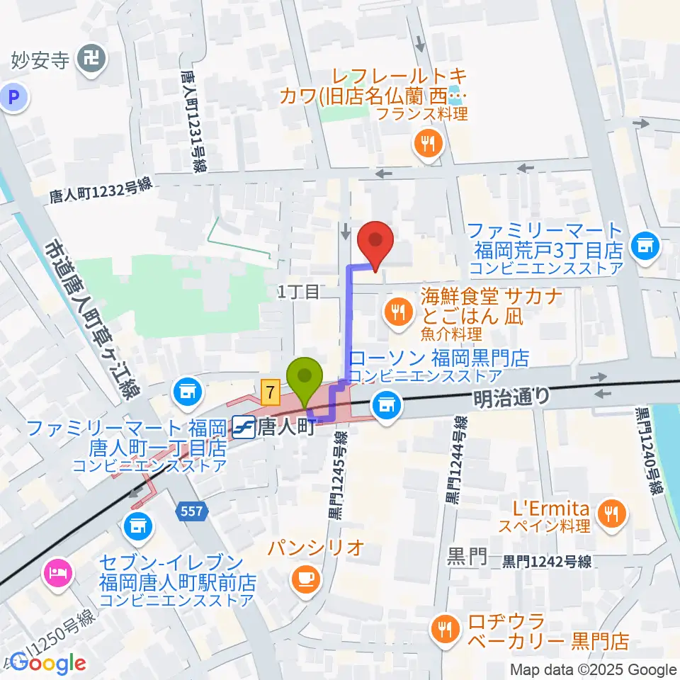 甘棠館Show劇場の最寄駅唐人町駅からの徒歩ルート（約2分）地図