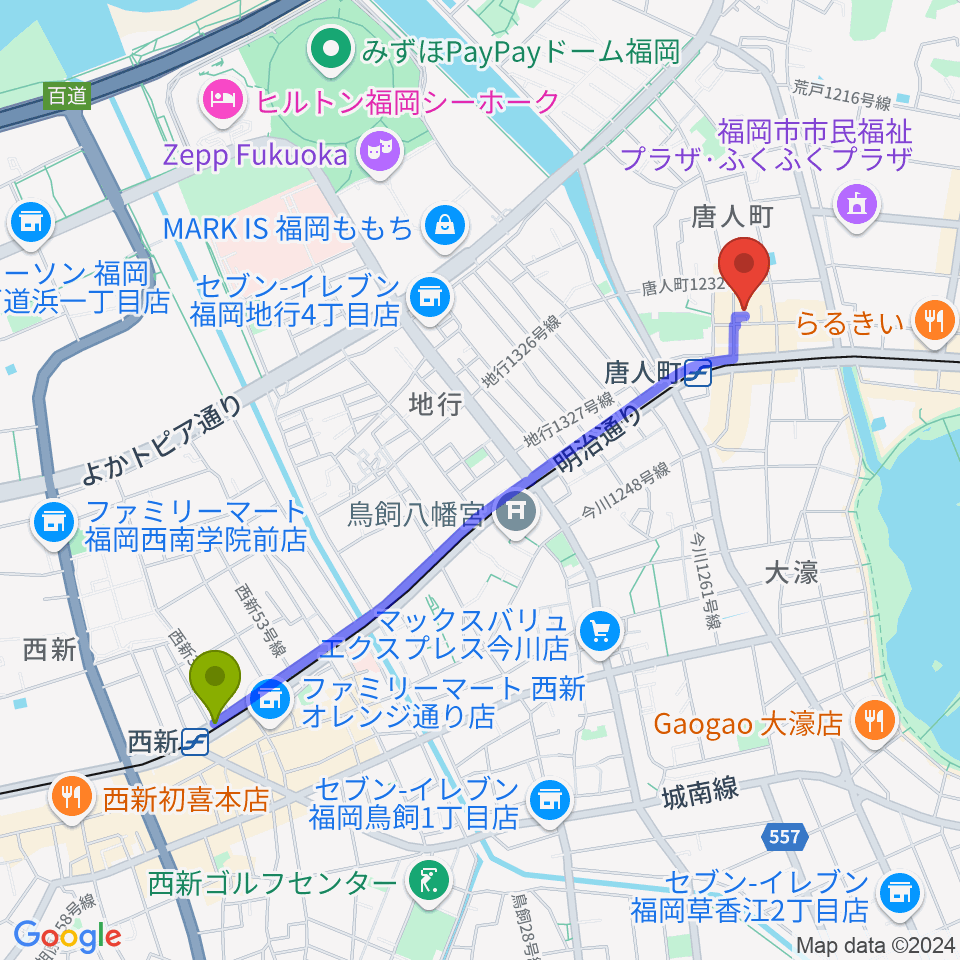 西新駅から甘棠館Show劇場へのルートマップ地図