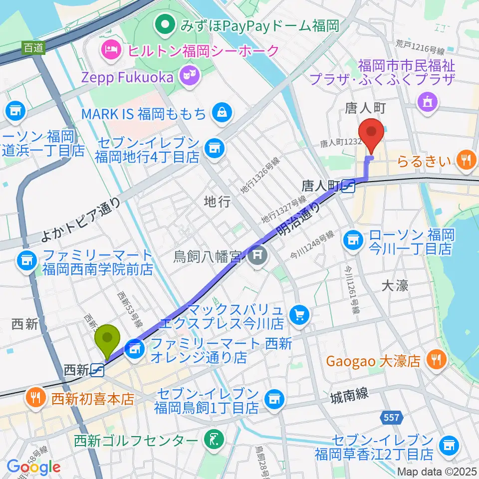 西新駅から甘棠館Show劇場へのルートマップ地図