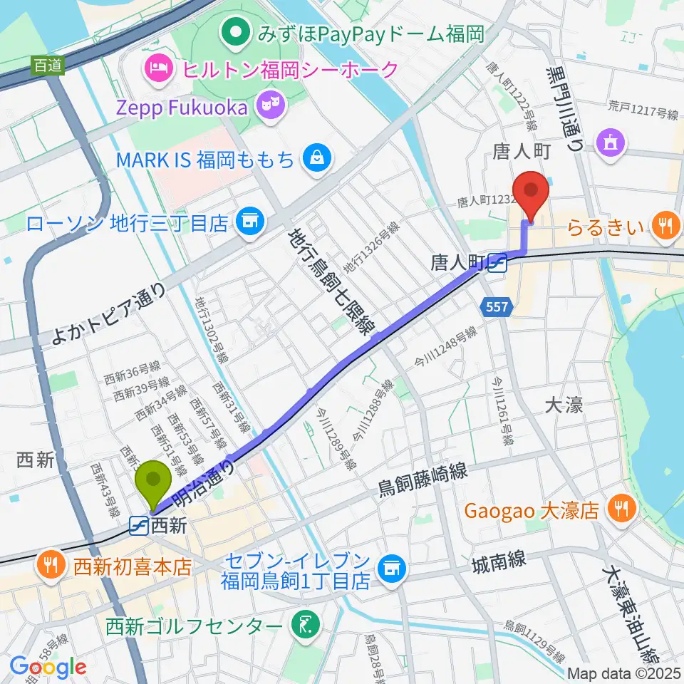 西新駅から甘棠館Show劇場へのルートマップ地図