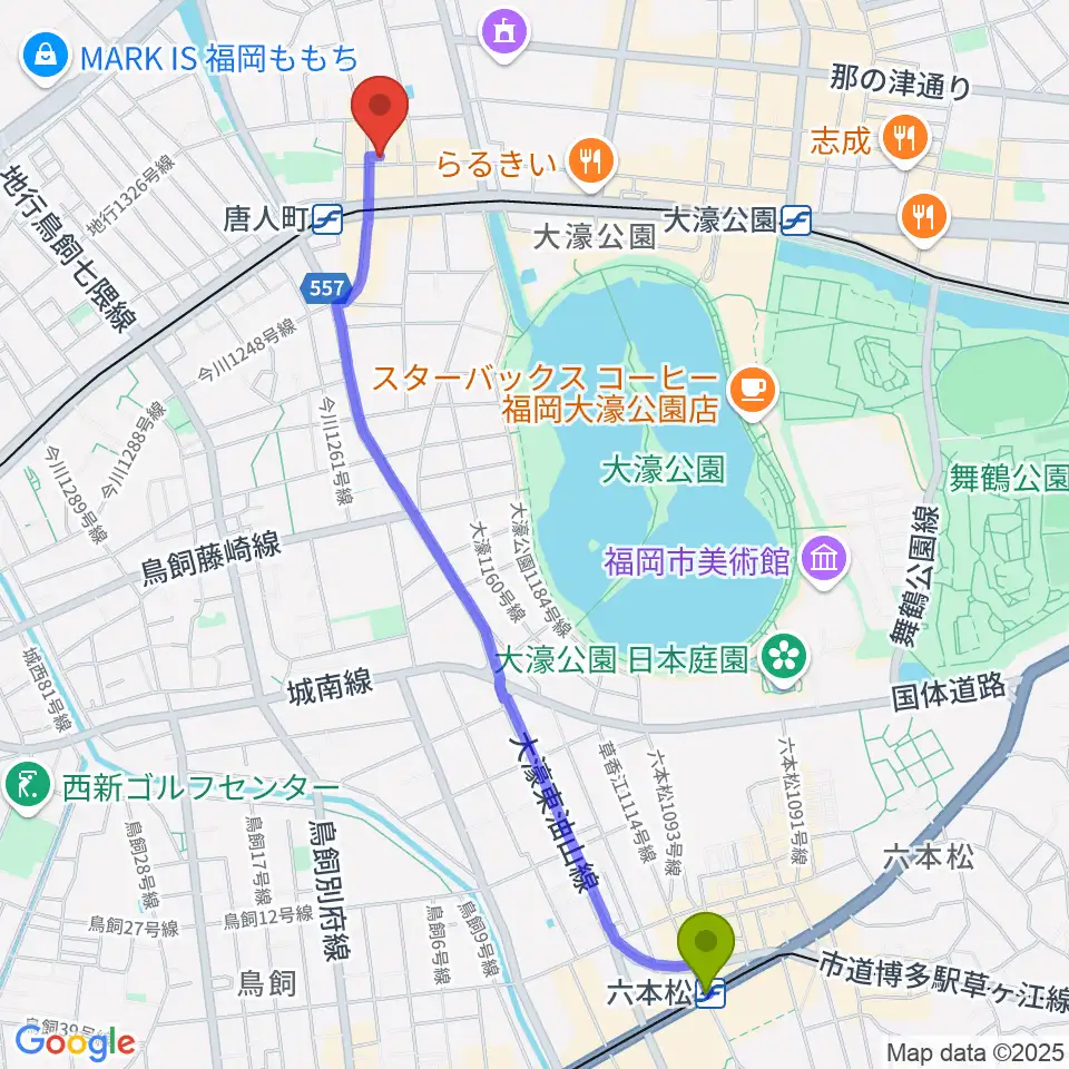 六本松駅から甘棠館Show劇場へのルートマップ地図