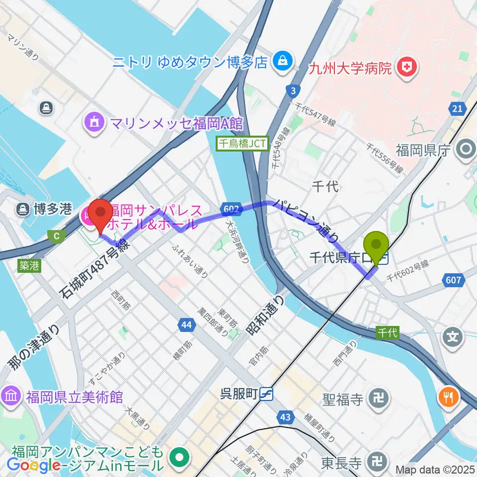 千代県庁口駅から湾岸劇場 博多扇貝へのルートマップ地図