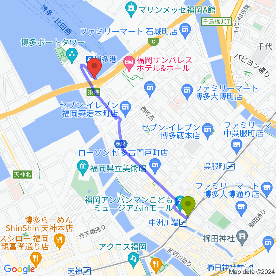 中洲川端駅からベイサイドライブホールへのルートマップ地図