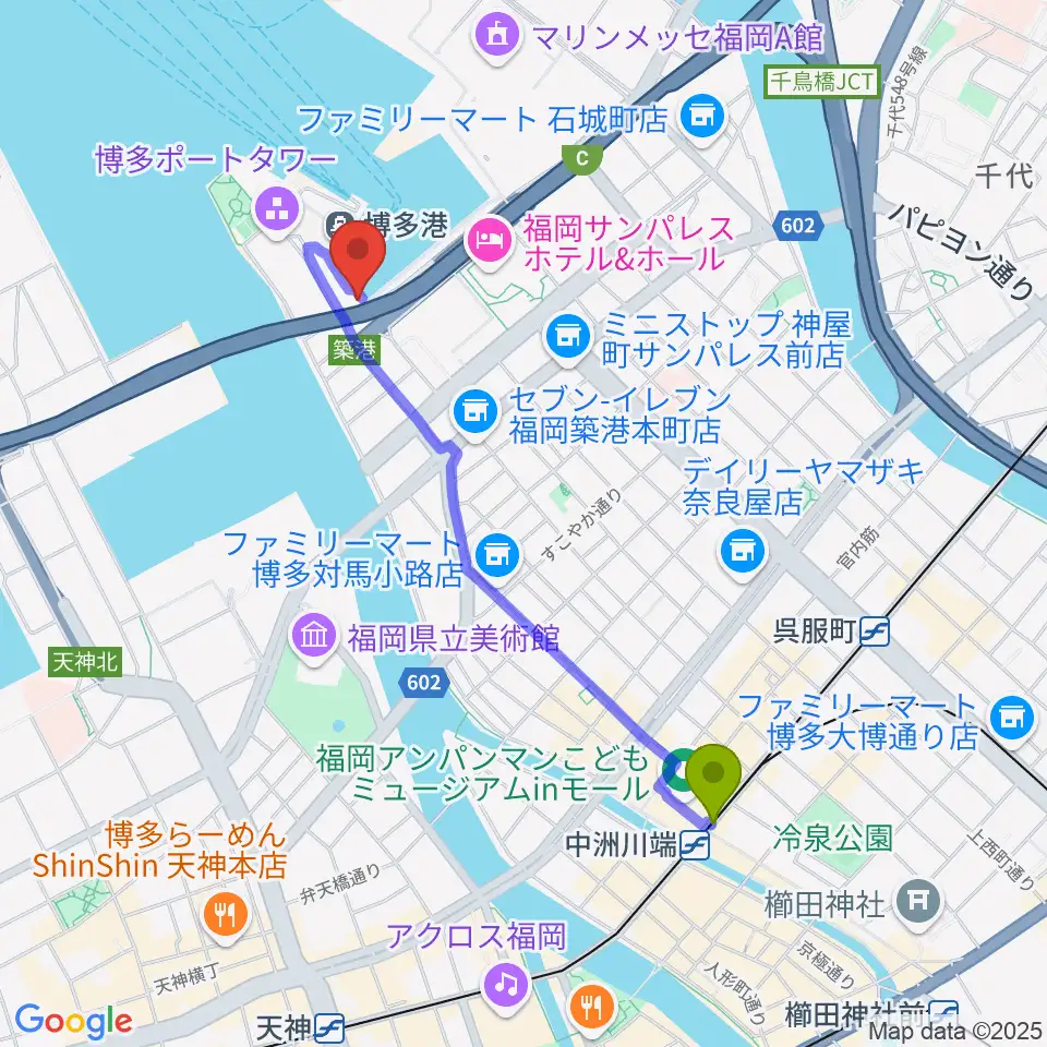 中洲川端駅からベイサイドライブホールへのルートマップ地図