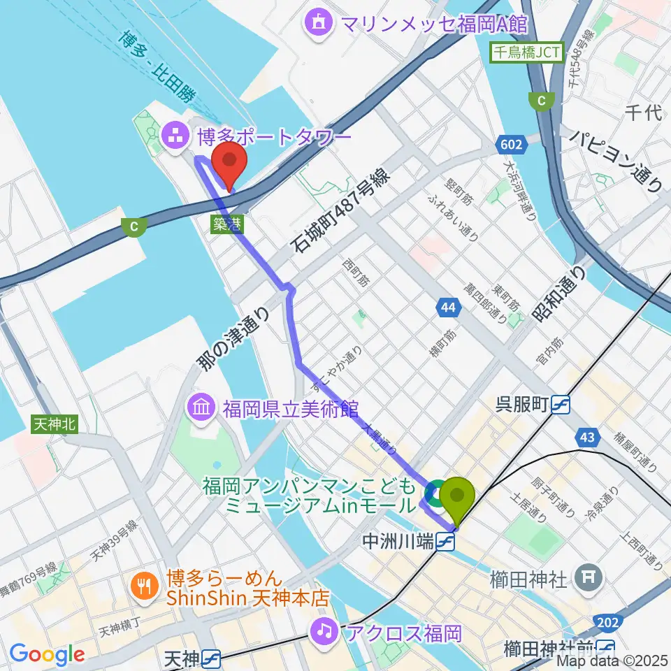 中洲川端駅からベイサイドライブホールへのルートマップ地図