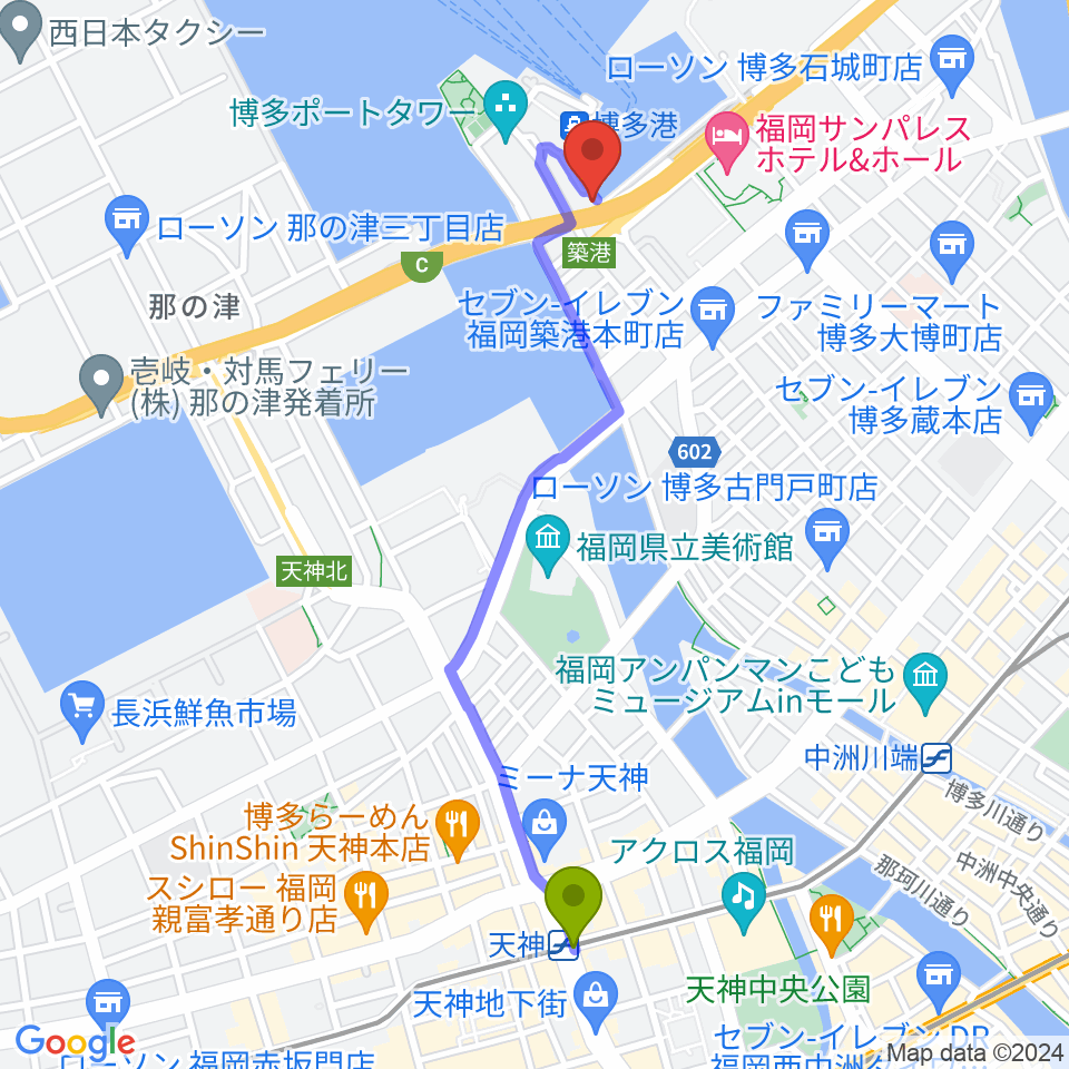 天神駅からベイサイドライブホールへのルートマップ地図