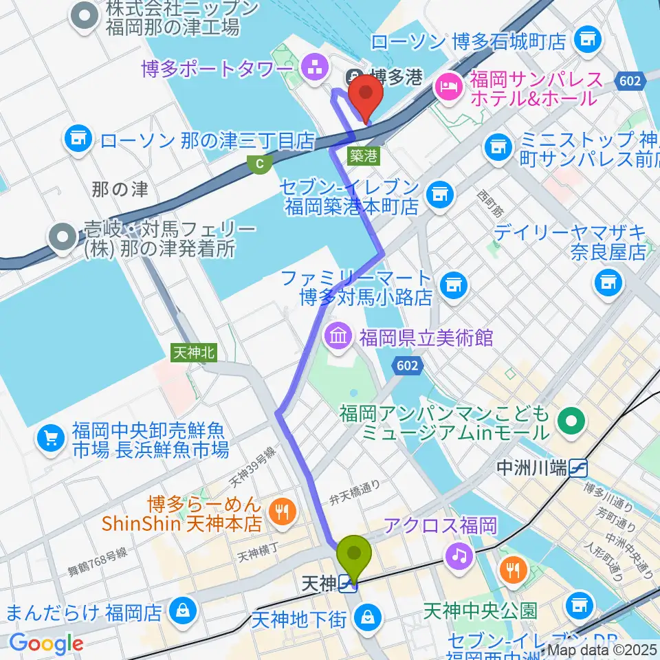 天神駅からベイサイドライブホールへのルートマップ地図