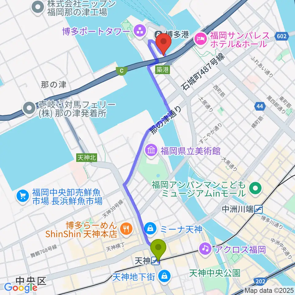 天神駅からベイサイドライブホールへのルートマップ地図