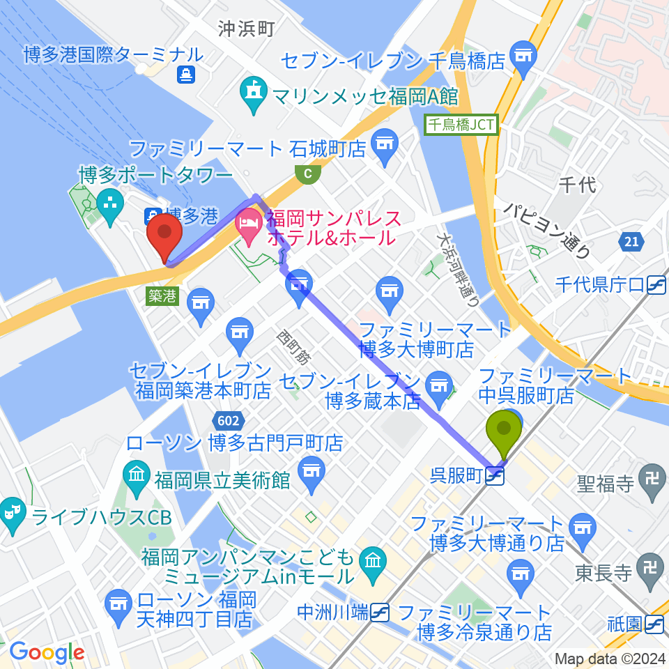 ベイサイドライブホールの最寄駅呉服町駅からの徒歩ルート（約19分）地図