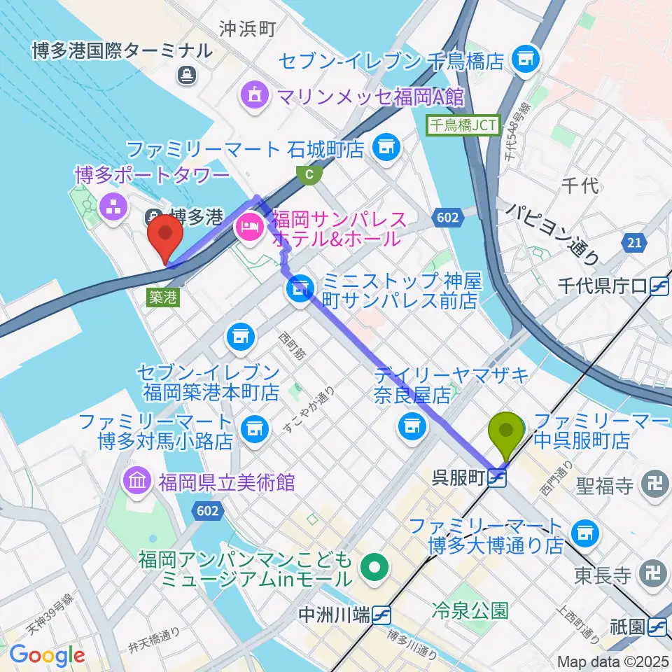 ベイサイドライブホールの最寄駅呉服町駅からの徒歩ルート（約19分）地図