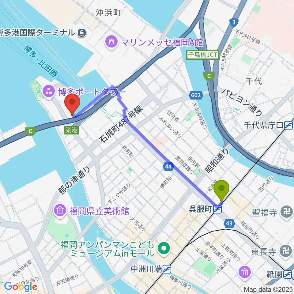 ベイサイドライブホールの最寄駅呉服町駅からの徒歩ルート（約19分）地図