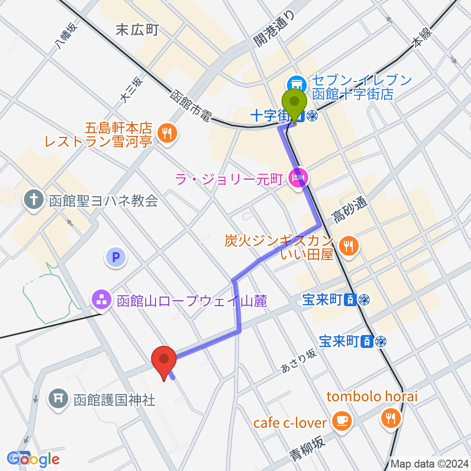 十字街駅から函館市公民館へのルートマップ地図