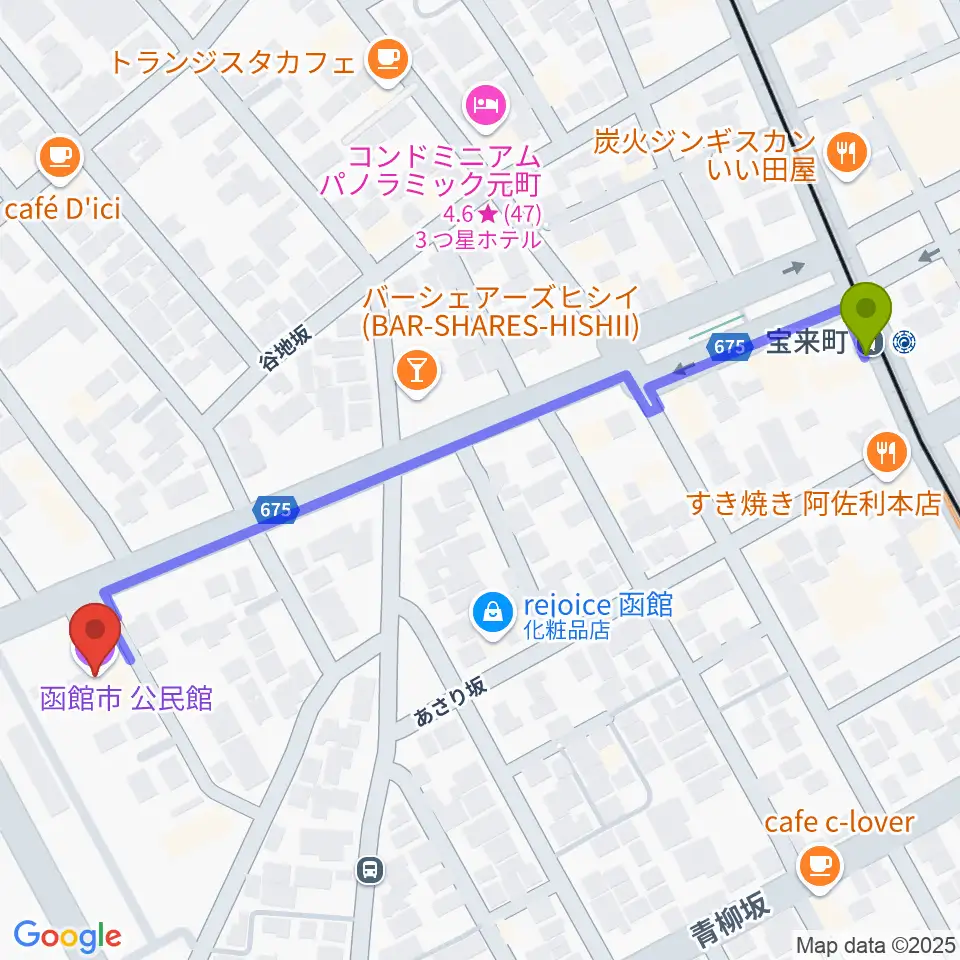 函館市公民館の最寄駅宝来町駅からの徒歩ルート（約6分）地図