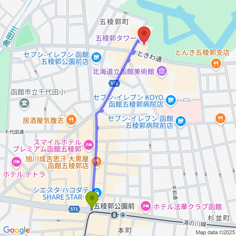 五稜郭タワーの最寄駅五稜郭公園前駅からの徒歩ルート（約10分）地図