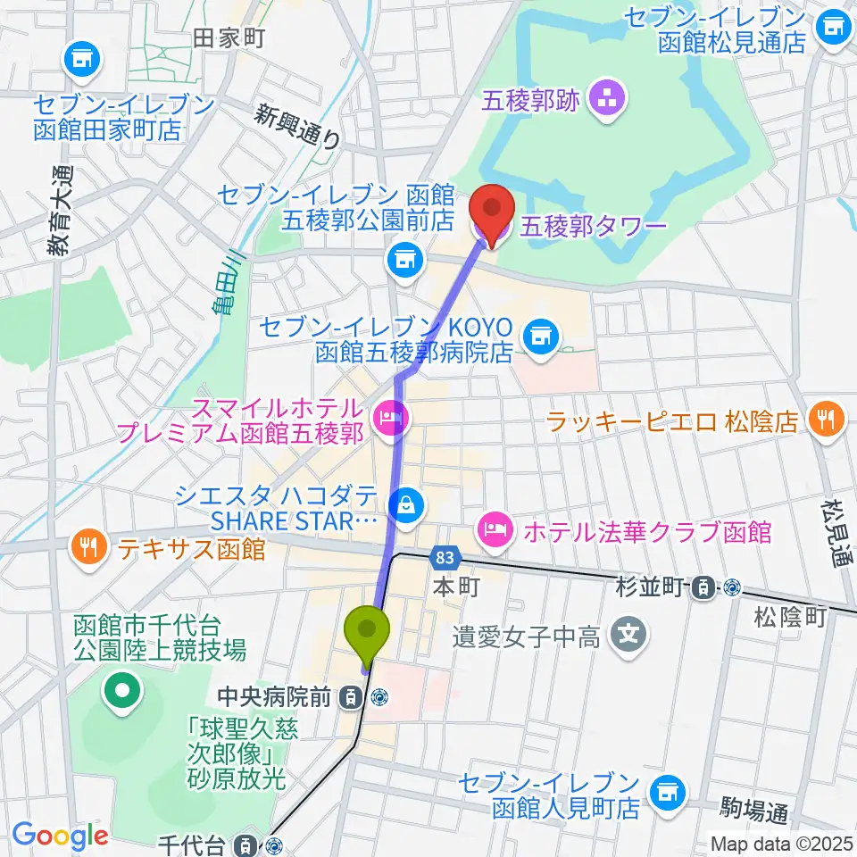 中央病院前駅から五稜郭タワーへのルートマップ地図