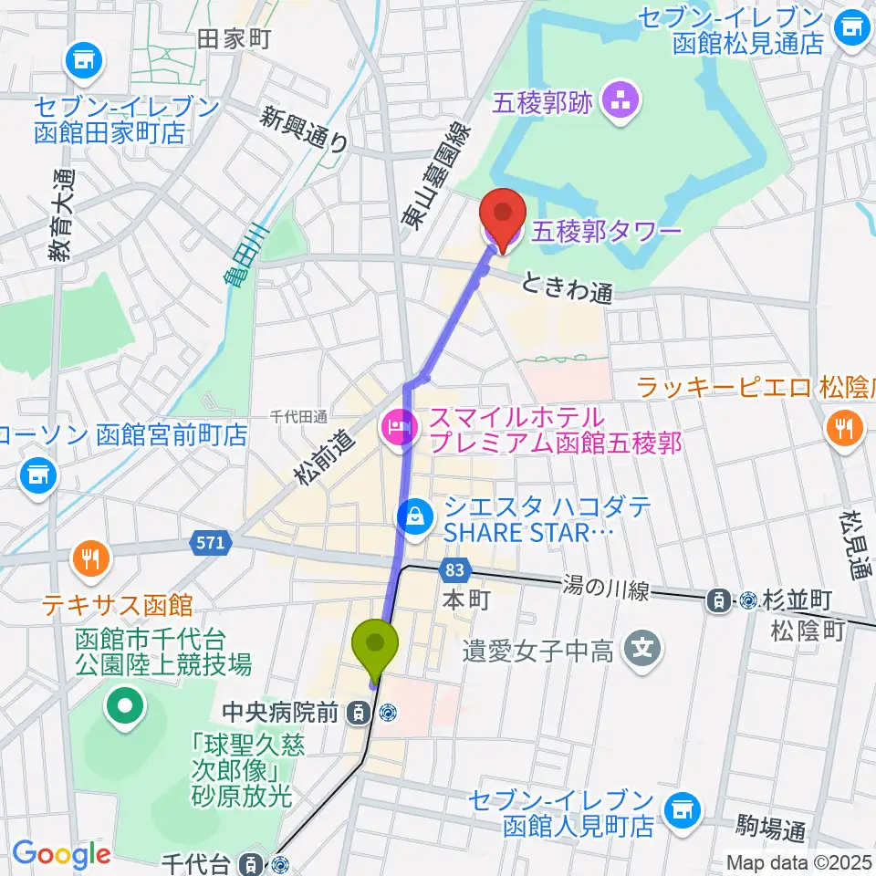 中央病院前駅から五稜郭タワーへのルートマップ地図