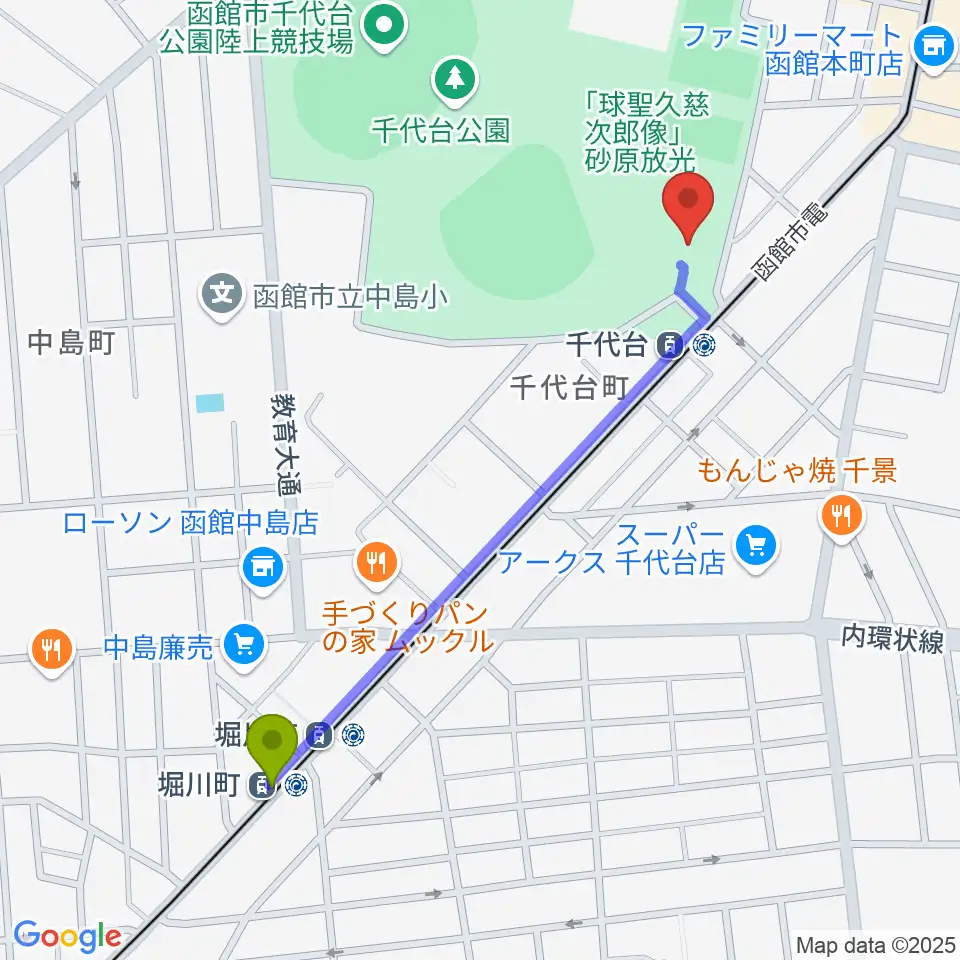 堀川町駅から函館市青年センターへのルートマップ地図